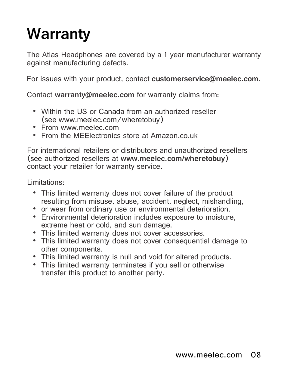 Warranty | MEElectronics Atlas IML Graphics User Manual | Page 11 / 15