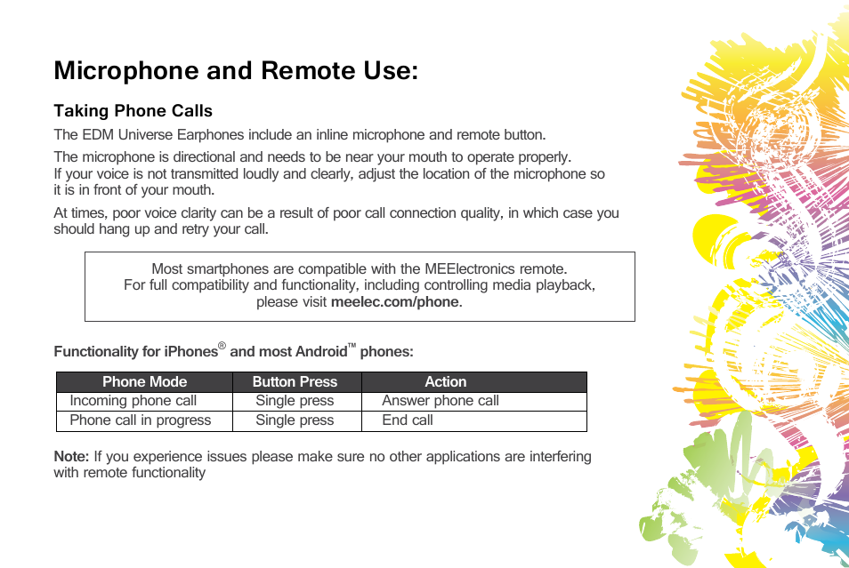 Microphone and remote use | MEElectronics EDM Universe D1P User Manual | Page 14 / 19