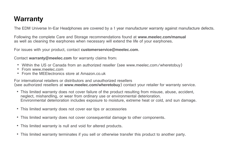 Warranty | MEElectronics EDM Universe D1P User Manual | Page 17 / 19