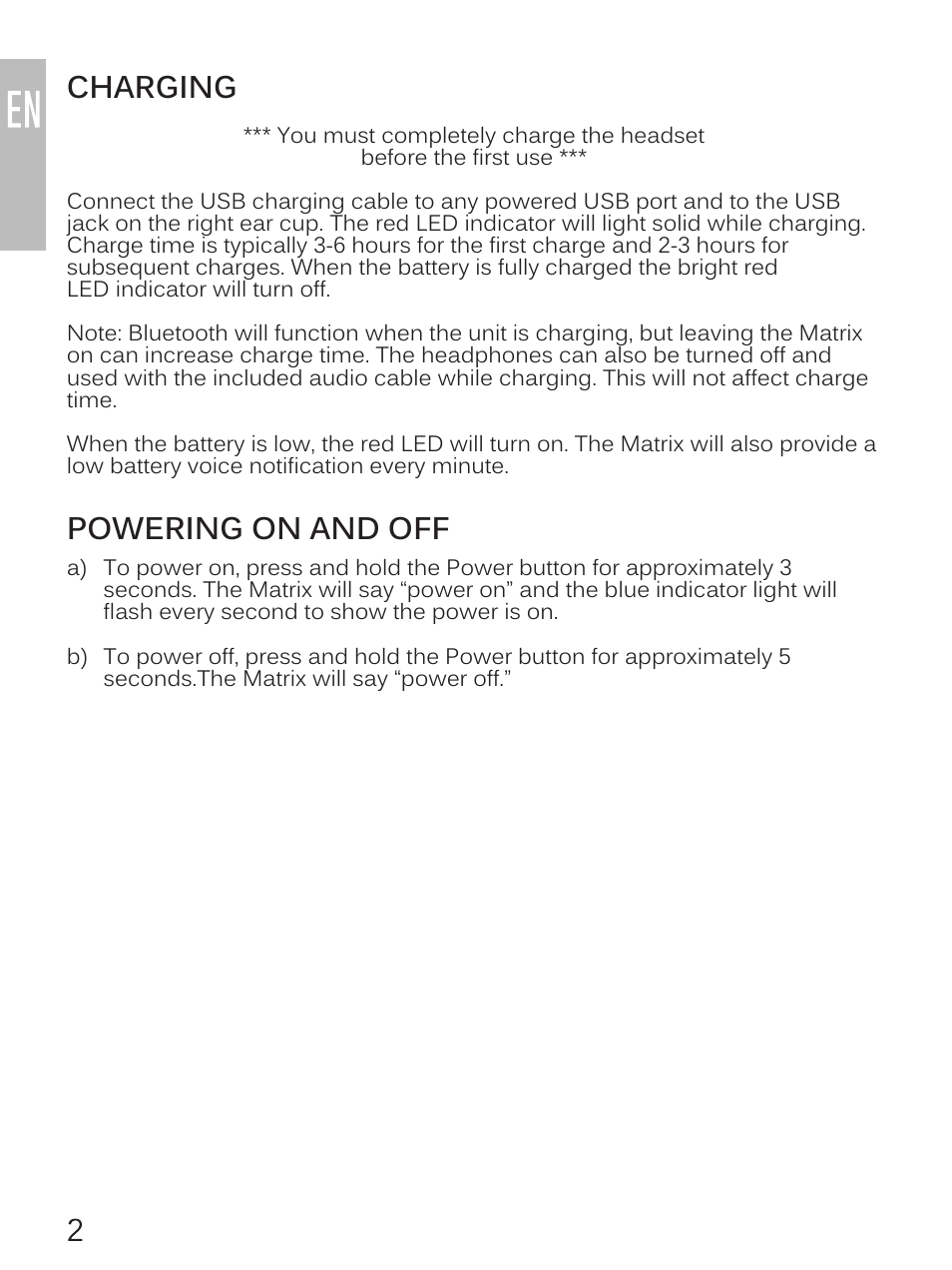 Charging, Powering on and off | MEElectronics Air-Fi Matrix2 AF62 User Manual | Page 4 / 9