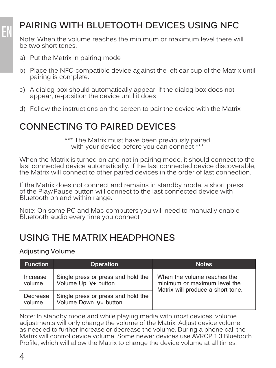 Connecting to paired devices, Using the matrix headphones, Pairing with bluetooth devices using nfc | MEElectronics Air-Fi Matrix2 AF62 User Manual | Page 6 / 9