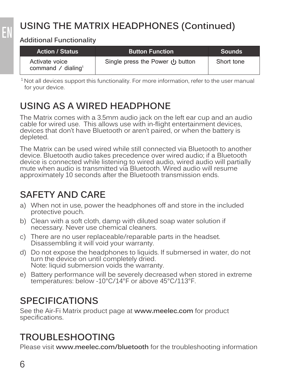 Using the matrix headphones (continued), Using as a wired headphone, Safety and care | Specifications, Troubleshooting | MEElectronics Air-Fi Matrix2 AF62 User Manual | Page 8 / 9