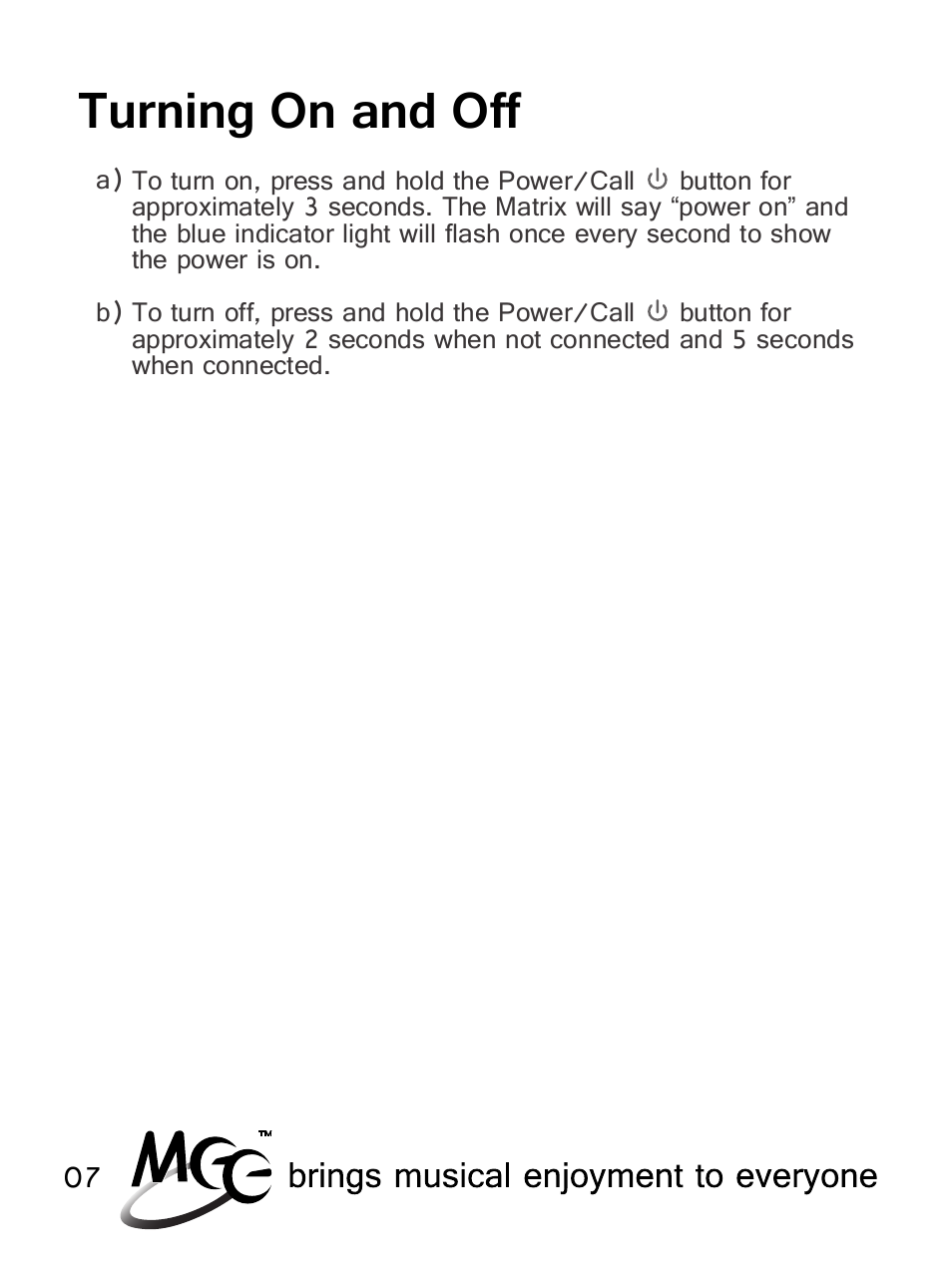 Turning on and off | MEElectronics Air-Fi Matrix AF62 User Manual | Page 10 / 30