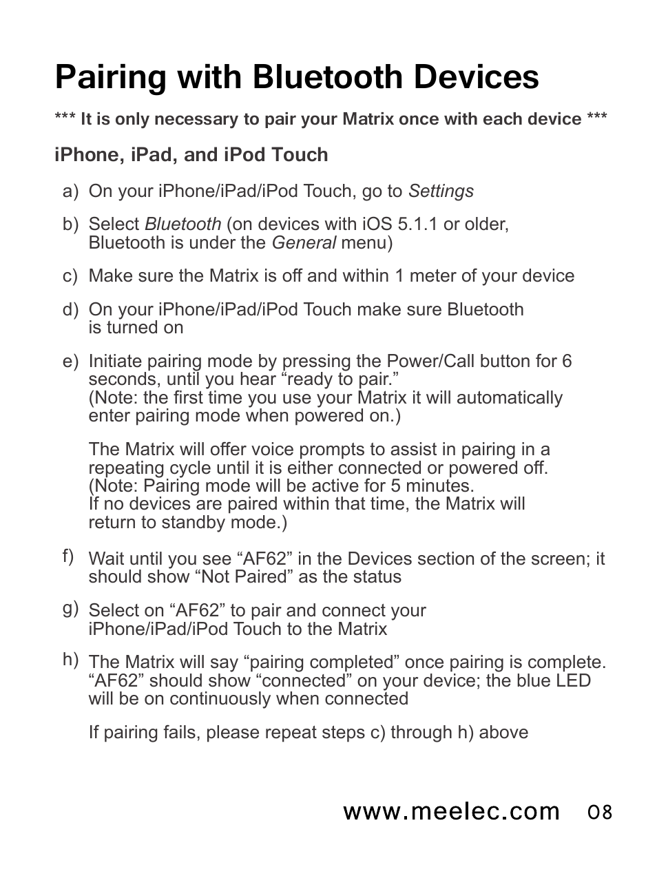 Pairing with bluetooth devices | MEElectronics Air-Fi Matrix AF62 User Manual | Page 11 / 30