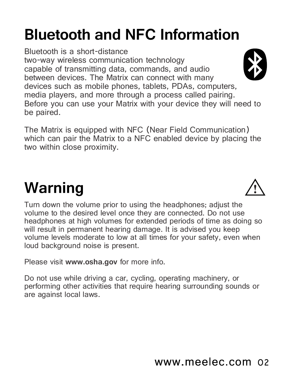 Bluetooth and nfc information | MEElectronics Air-Fi Matrix AF62 User Manual | Page 5 / 30
