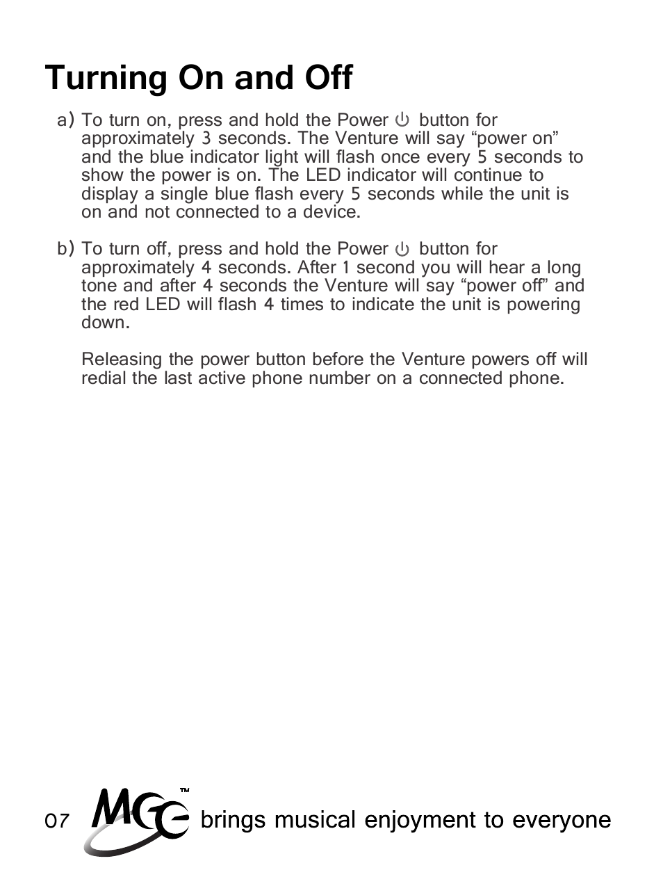 Turning on and off | MEElectronics Air-Fi Venture AF52 User Manual | Page 10 / 27