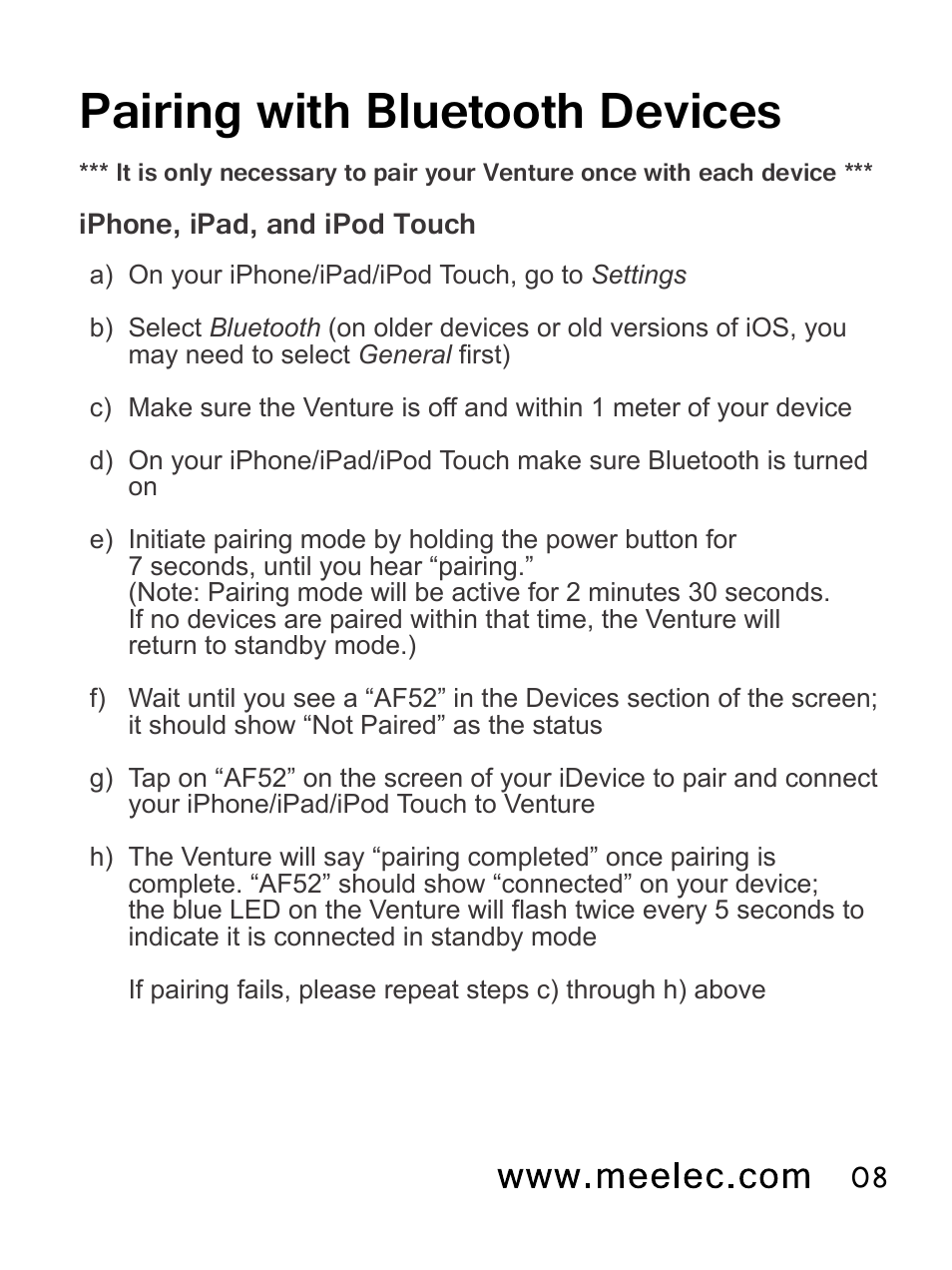 Pairing with bluetooth devices | MEElectronics Air-Fi Venture AF52 User Manual | Page 11 / 27