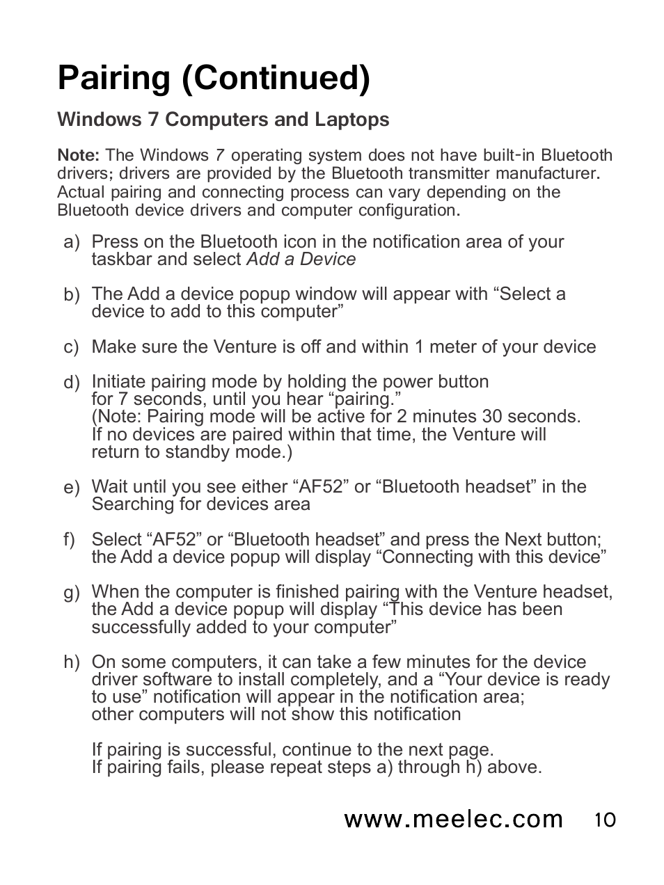 Pairing (continued) | MEElectronics Air-Fi Venture AF52 User Manual | Page 13 / 27