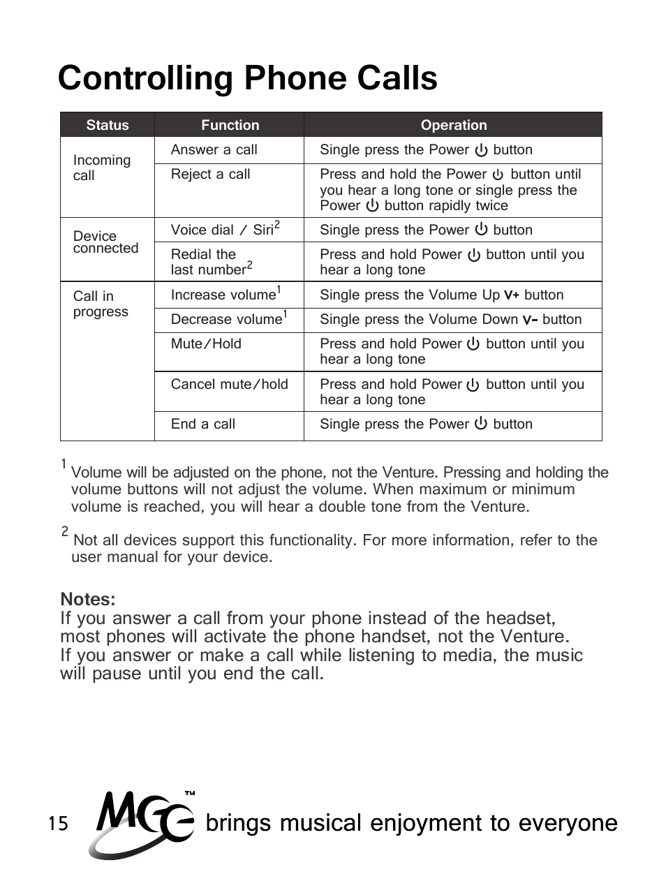 Controlling phone calls | MEElectronics Air-Fi Venture AF52 User Manual | Page 18 / 27