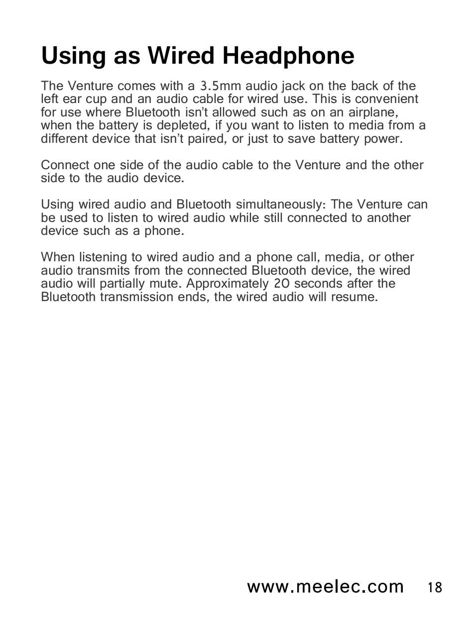 Using as wired headphone | MEElectronics Air-Fi Venture AF52 User Manual | Page 21 / 27