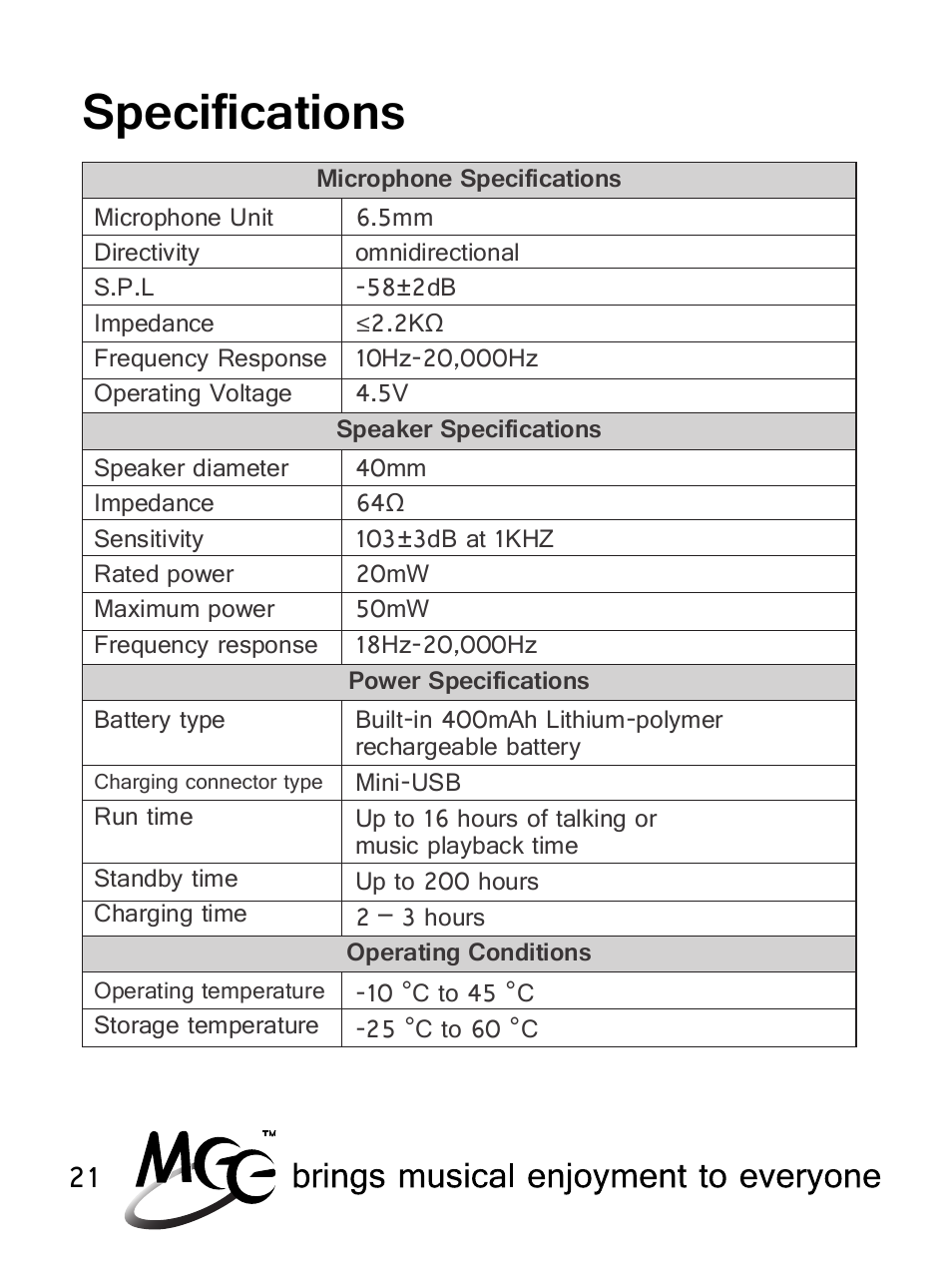 Specifications | MEElectronics Air-Fi Venture AF52 User Manual | Page 24 / 27
