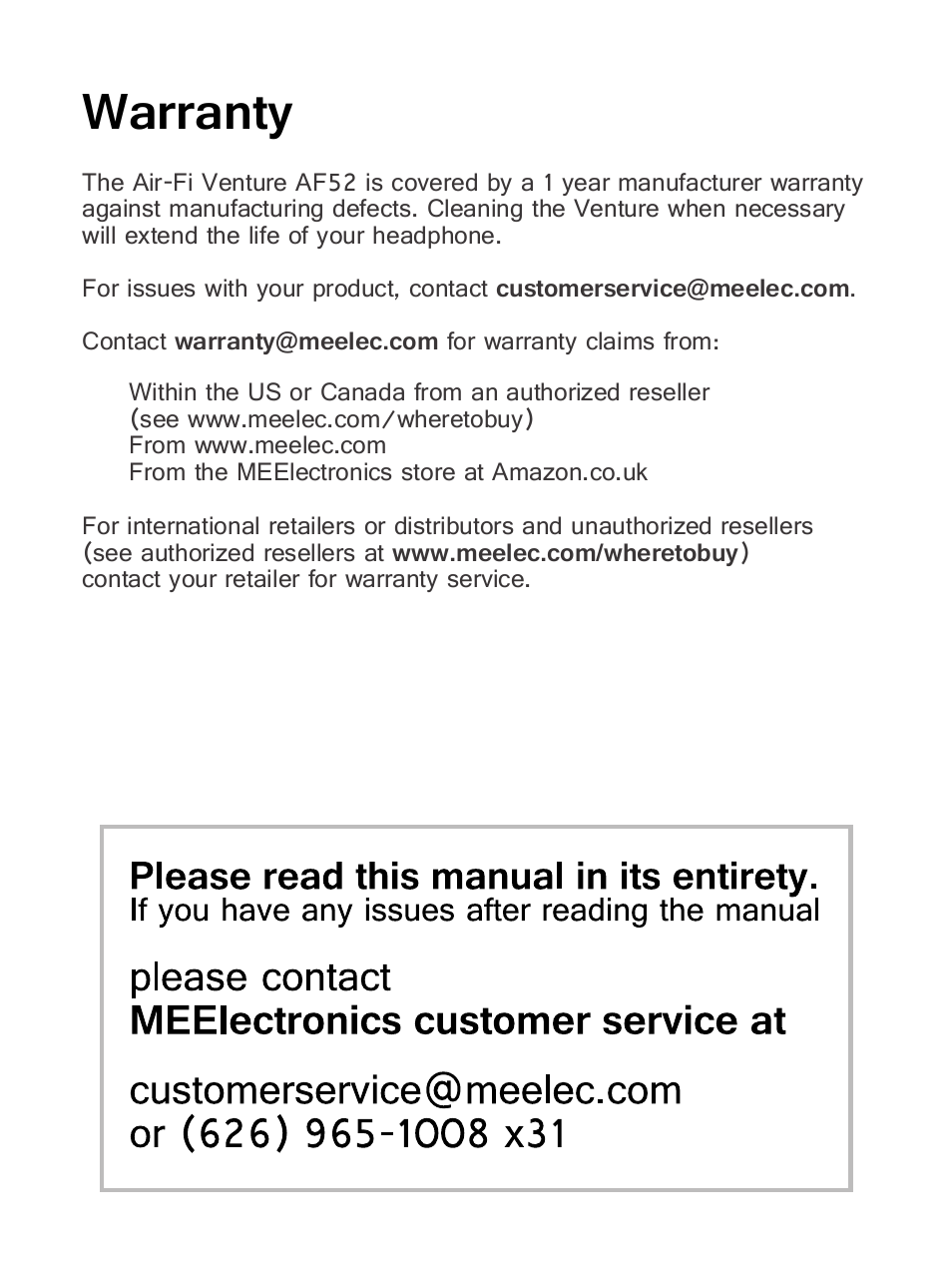 Warranty | MEElectronics Air-Fi Venture AF52 User Manual | Page 26 / 27