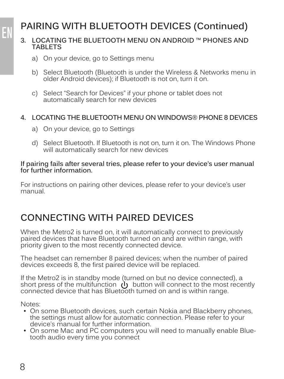 8pairing with bluetooth devices (continued), Connecting with paired devices | MEElectronics Air-Fi Metro2 AF72 User Manual | Page 10 / 17