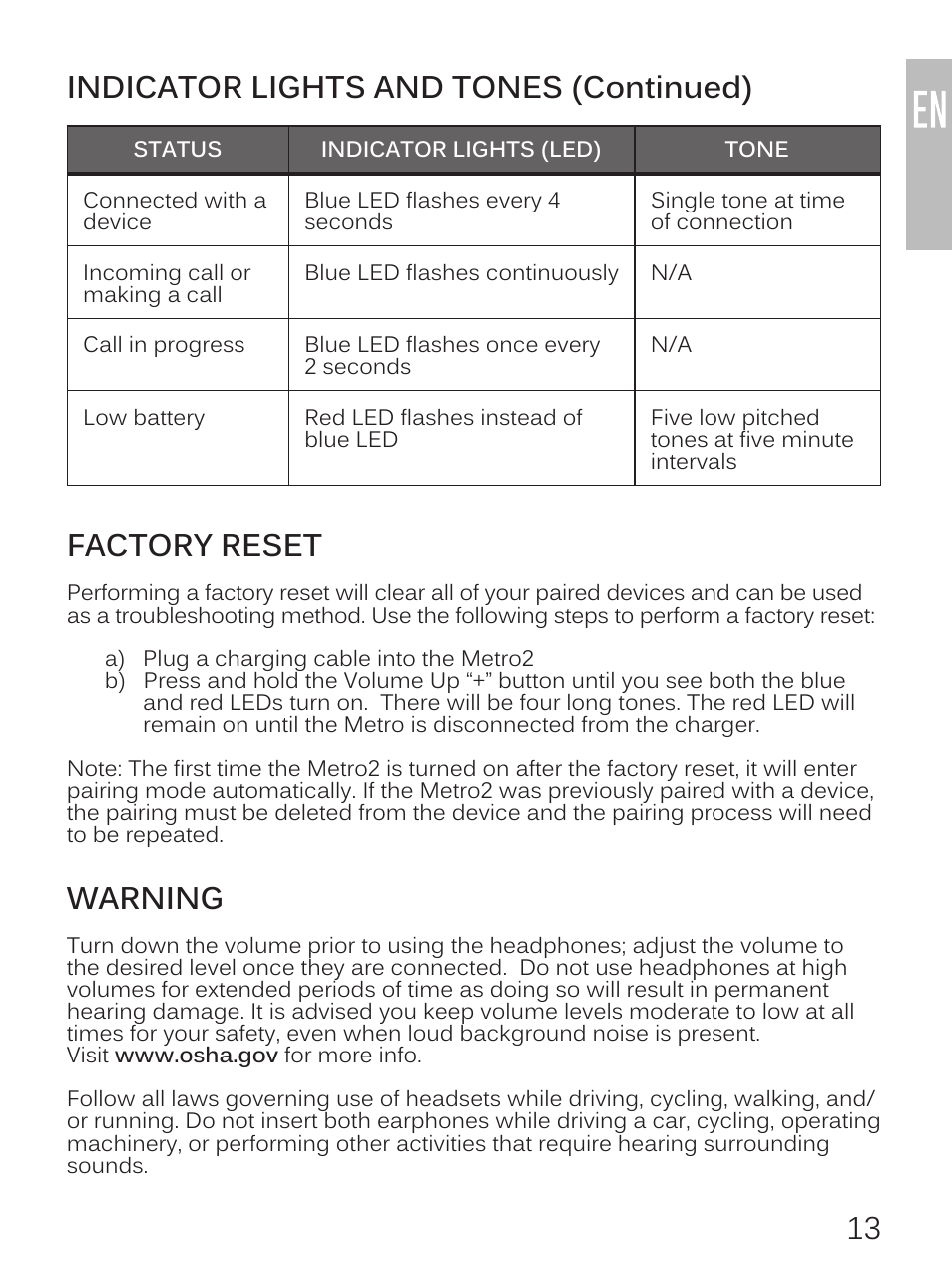 Indicator lights and tones (continued), Factory reset, Warning | MEElectronics Air-Fi Metro2 AF72 User Manual | Page 15 / 17