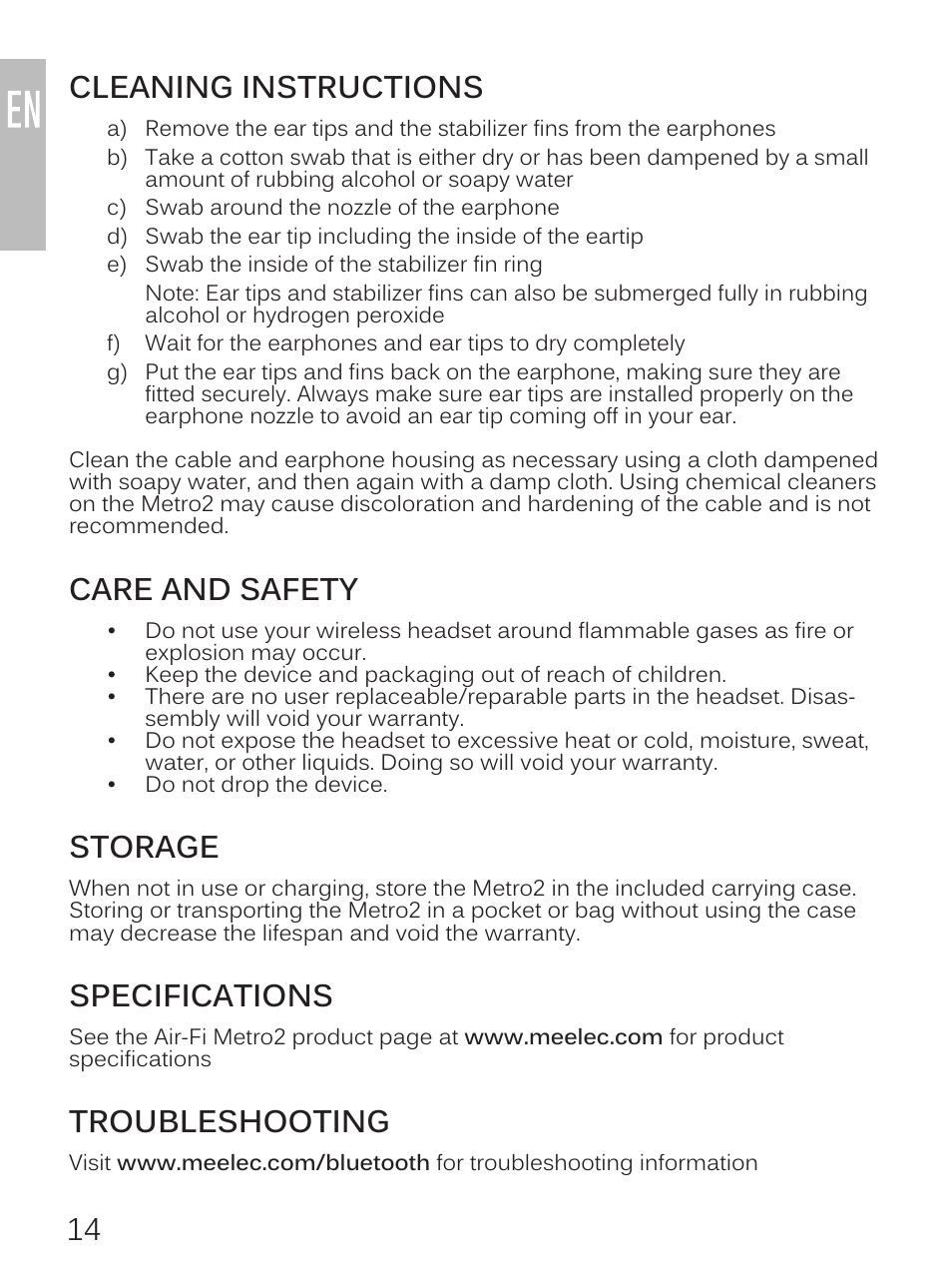 14 cleaning instructions, Care and safety, Storage | Specifications, Troubleshooting | MEElectronics Air-Fi Metro2 AF72 User Manual | Page 16 / 17