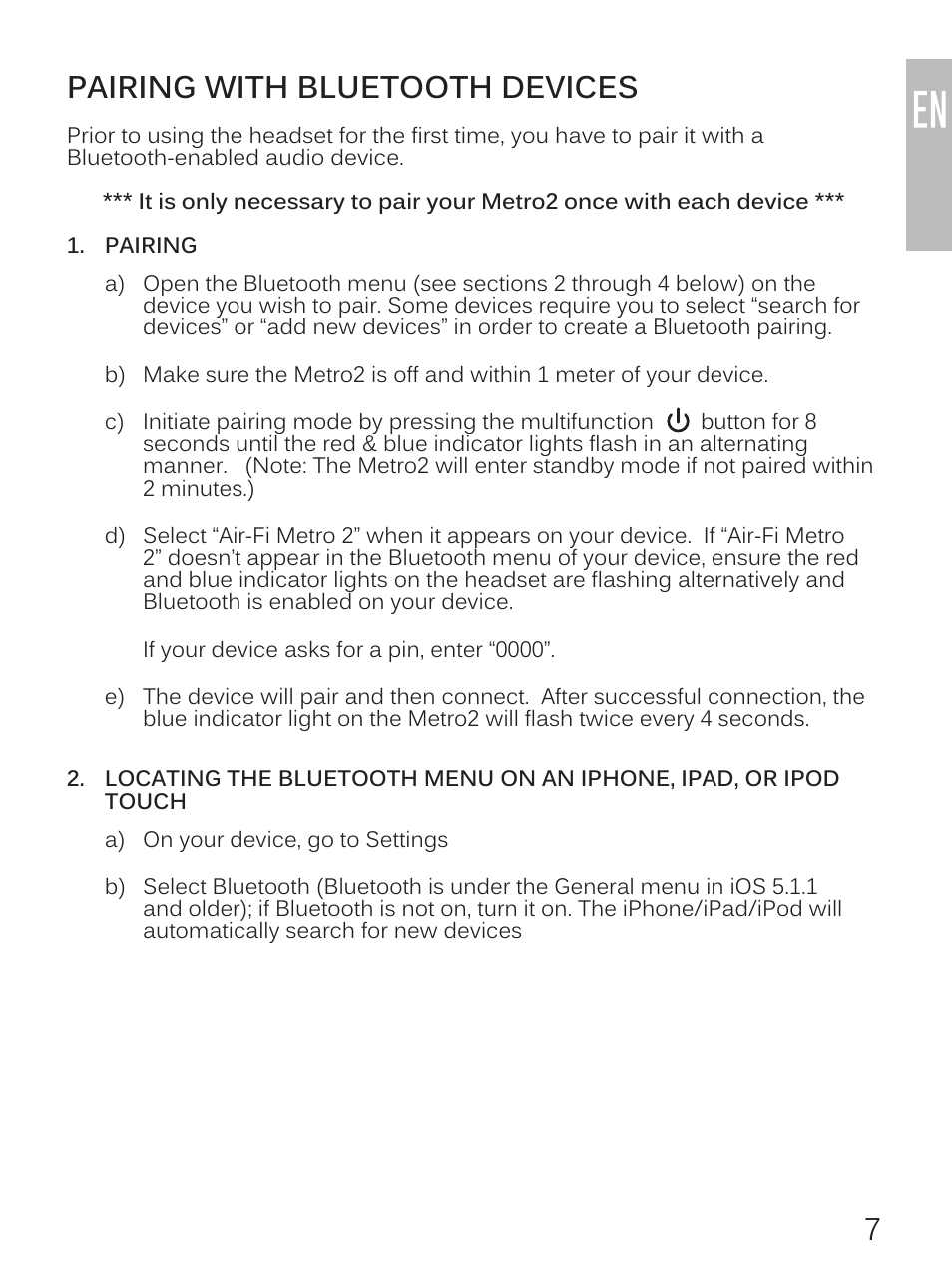 7pairing with bluetooth devices | MEElectronics Air-Fi Metro2 AF72 User Manual | Page 9 / 17