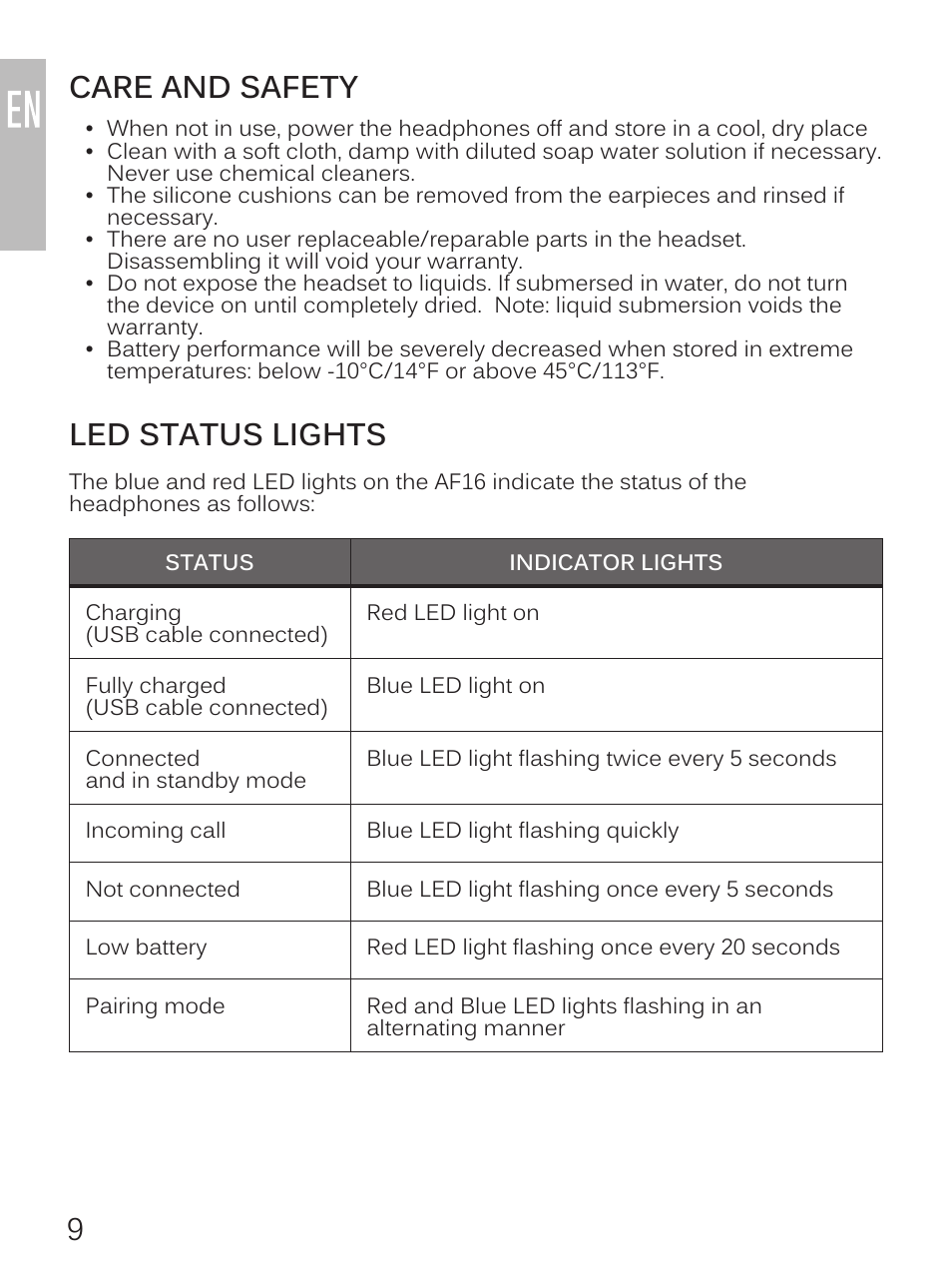 9care and safety, Led status lights | MEElectronics Air-Fi Journey AF16 User Manual | Page 10 / 12