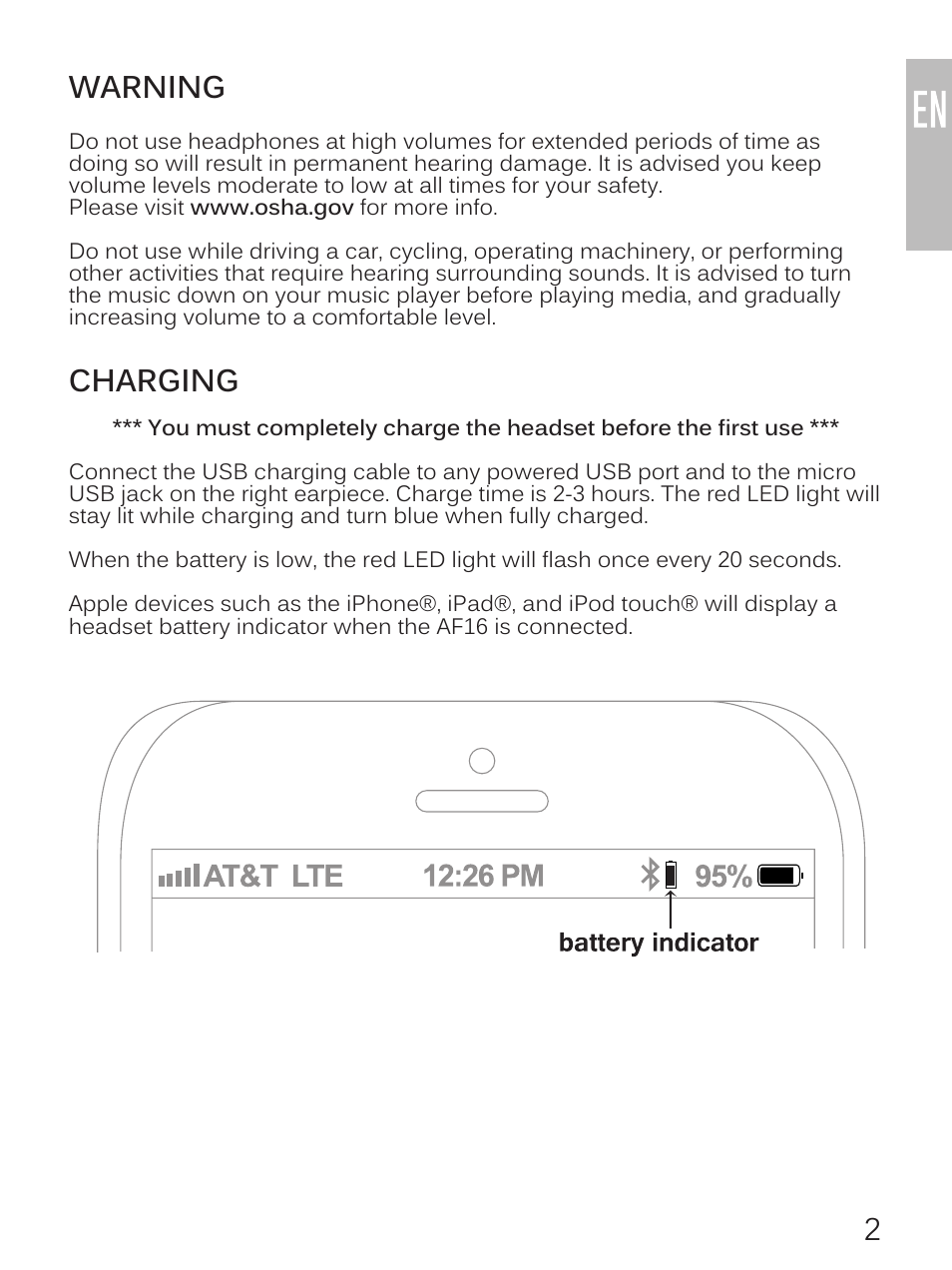 Warning, Charging | MEElectronics Air-Fi Journey AF16 User Manual | Page 3 / 12