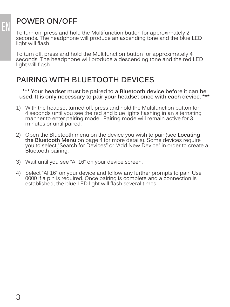 Power on/off, Pairing with bluetooth devices | MEElectronics Air-Fi Journey AF16 User Manual | Page 4 / 12