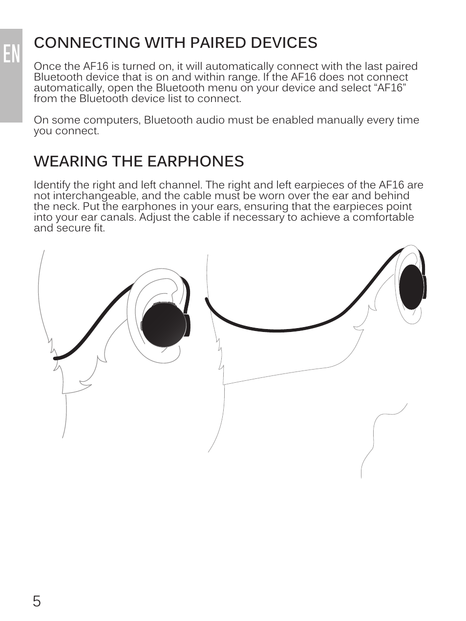 5connecting with paired devices, Wearing the earphones | MEElectronics Air-Fi Journey AF16 User Manual | Page 6 / 12