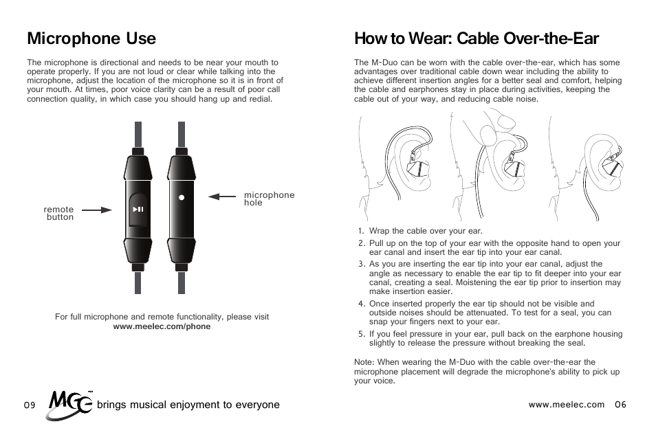 How to wear: cable over-the-ear, Microphone use | MEElectronics M-Duo Dual Driver User Manual | Page 12 / 18