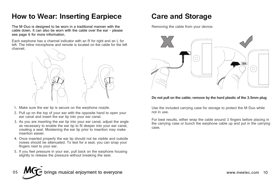 Care and storage, How to wear: inserting earpiece | MEElectronics M-Duo Dual Driver User Manual | Page 13 / 18