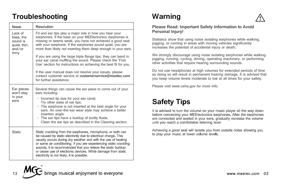 Warning | MEElectronics M-Duo Dual Driver User Manual | Page 16 / 18
