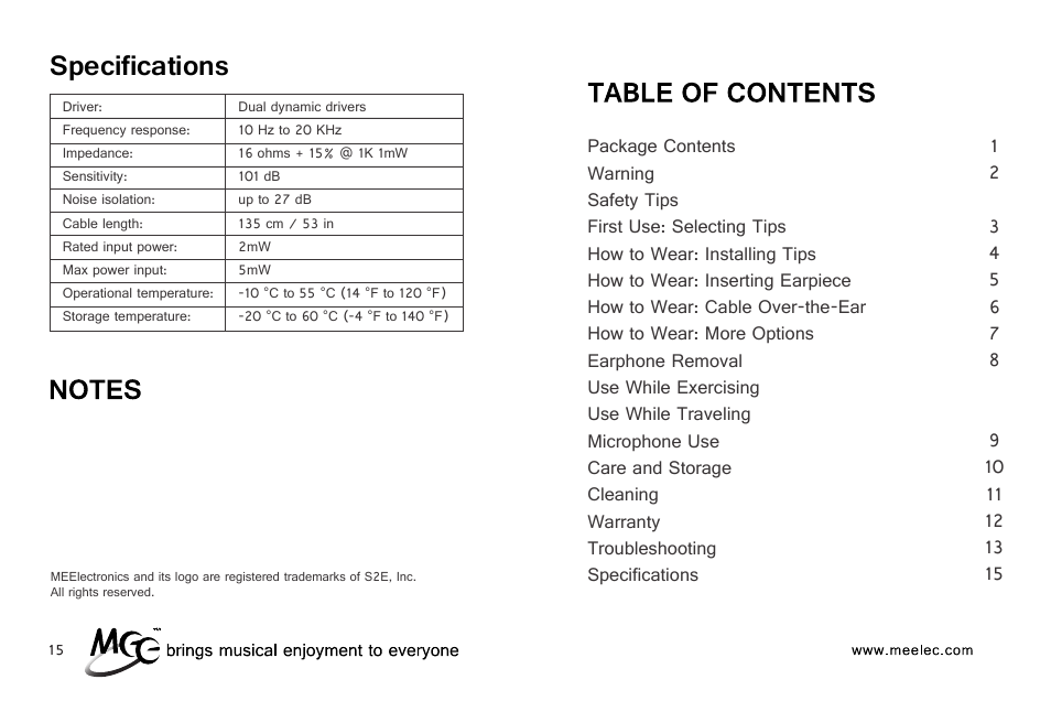 Specifications | MEElectronics M-Duo Dual Driver User Manual | Page 3 / 18