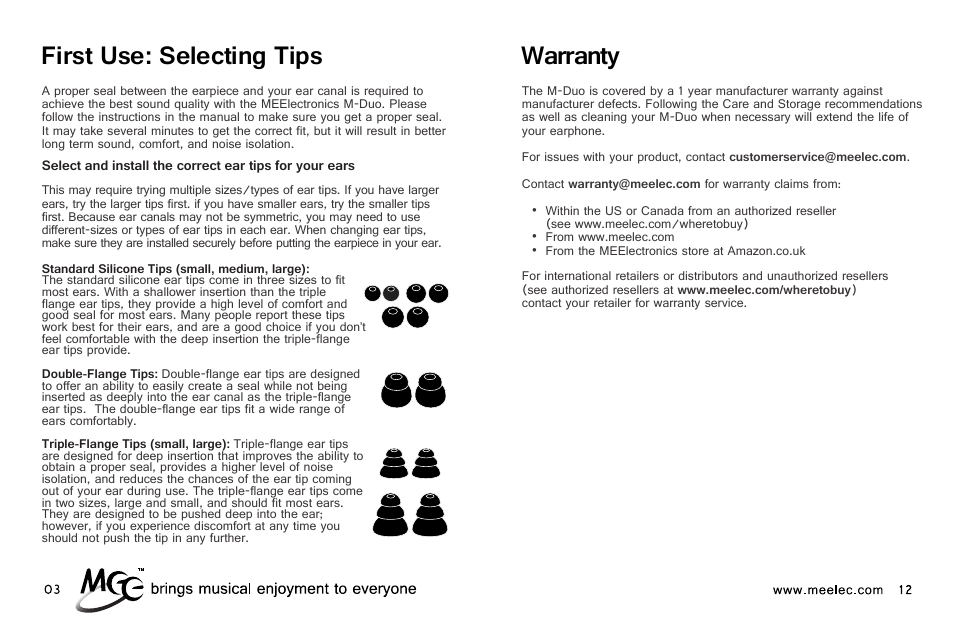 Warranty, First use: selecting tips | MEElectronics M-Duo Dual Driver User Manual | Page 6 / 18