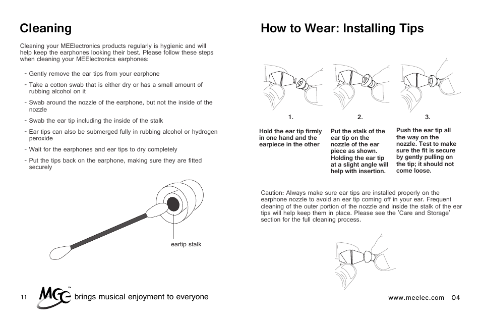Cleaning, How to wear: installing tips | MEElectronics M-Duo Dual Driver User Manual | Page 7 / 18
