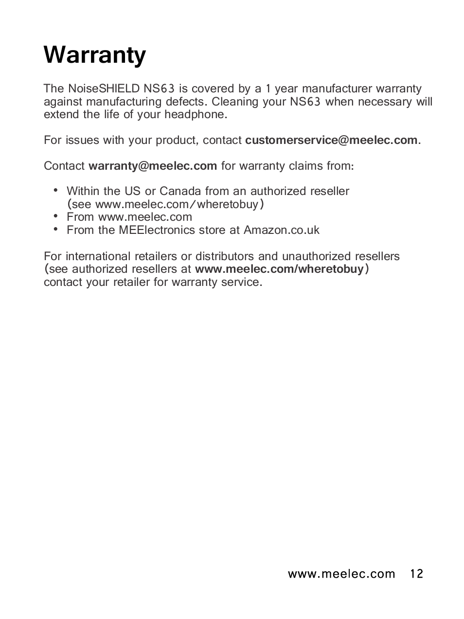 Warranty | MEElectronics NoiseSHIELD NS63 User Manual | Page 15 / 18