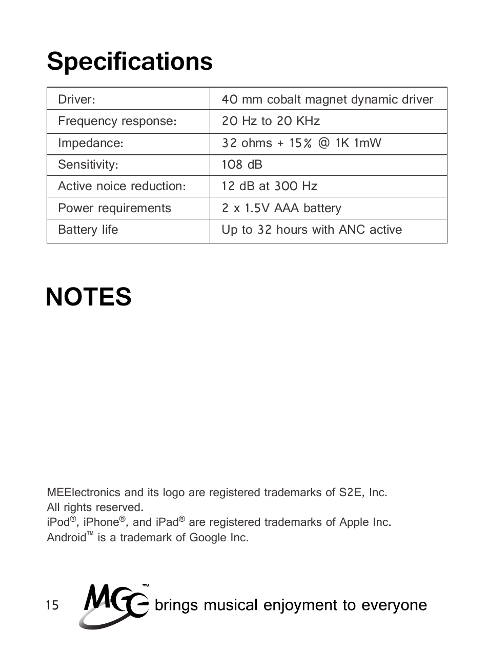Specifications | MEElectronics NoiseSHIELD NS63 User Manual | Page 18 / 18