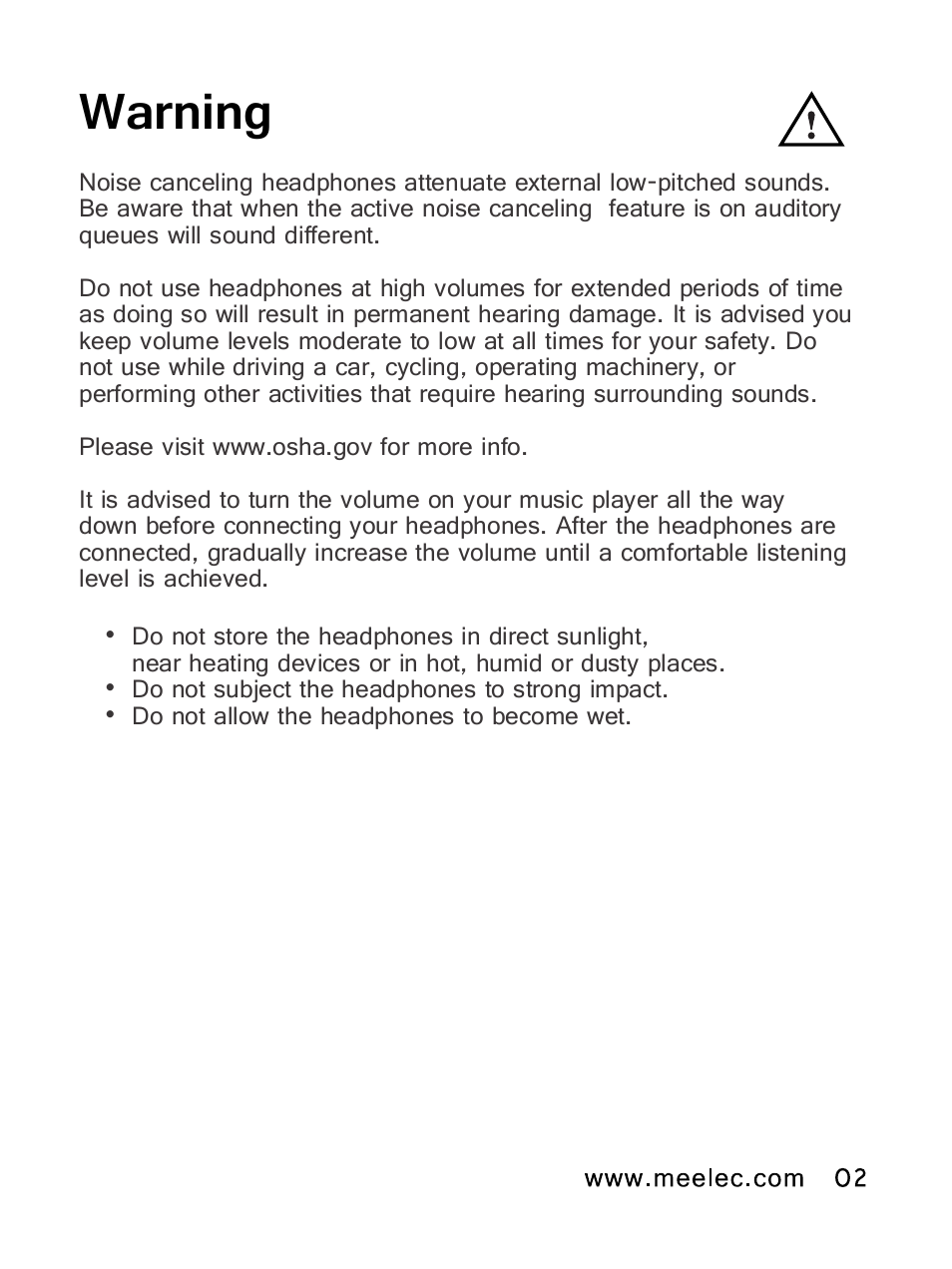 Warning | MEElectronics NoiseSHIELD NS63 User Manual | Page 5 / 18