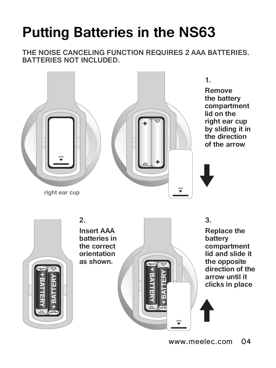 Putting batteries in the ns63 | MEElectronics NoiseSHIELD NS63 User Manual | Page 7 / 18