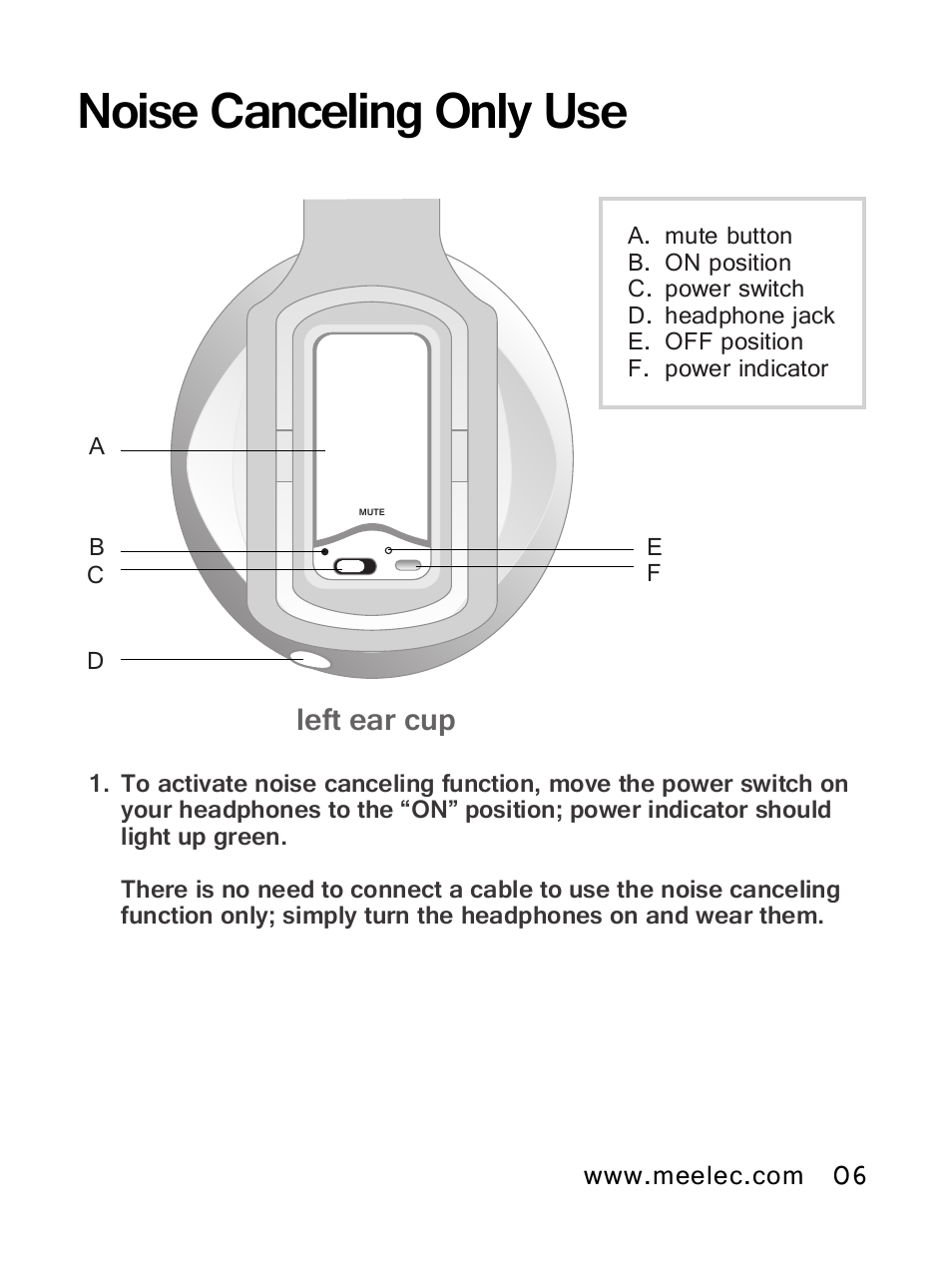 Noise canceling only use, Left ear cup | MEElectronics NoiseSHIELD NS63 User Manual | Page 9 / 18