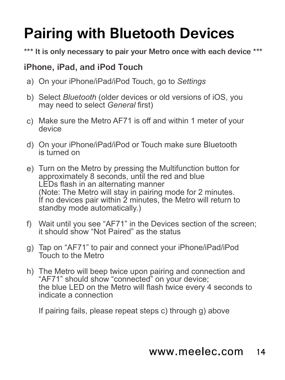 Pairing with bluetooth devices | MEElectronics Air-Fi Metro AF71 User Manual | Page 17 / 35