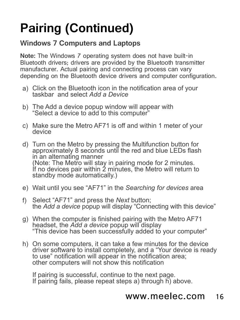 Pairing (continued) | MEElectronics Air-Fi Metro AF71 User Manual | Page 19 / 35