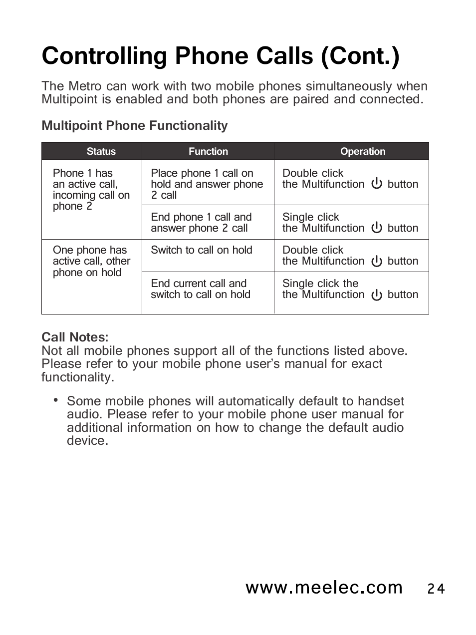 Controlling phone calls (cont.) | MEElectronics Air-Fi Metro AF71 User Manual | Page 27 / 35