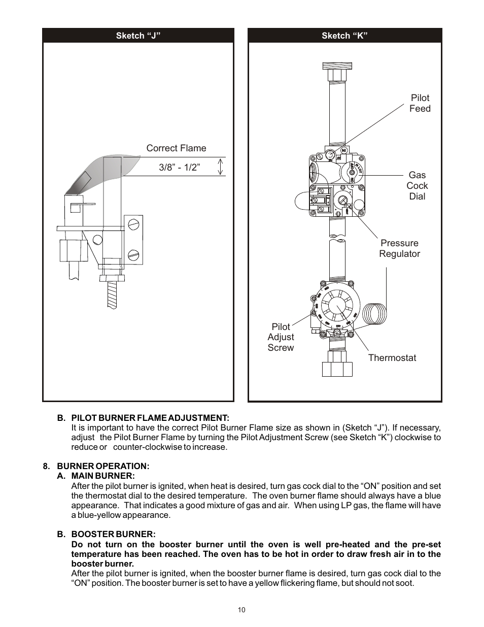 Correct flame 3/8” - 1/2, Sketch “j, Sketch “k | Bakers Pride FC-616 User Manual | Page 10 / 16