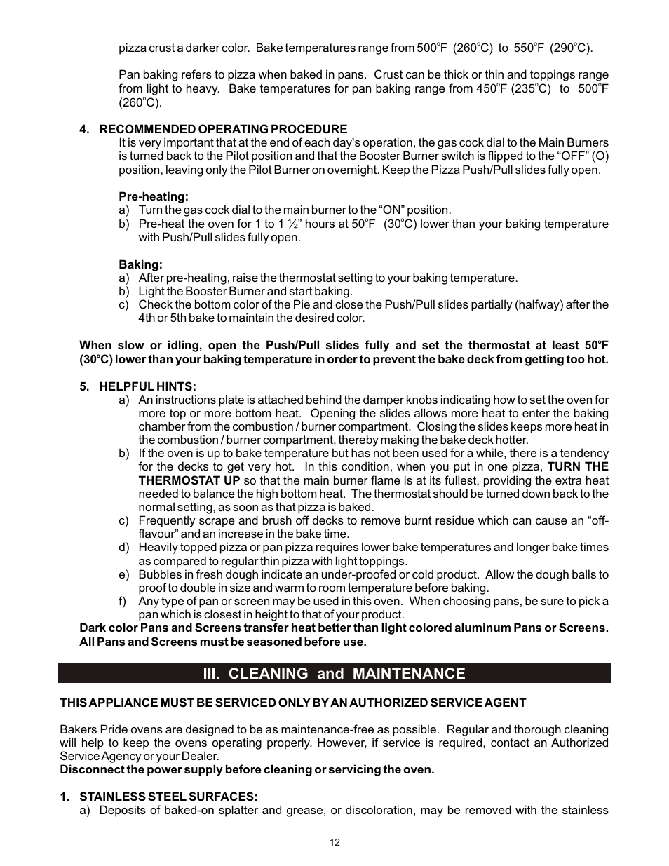 Iii. cleaning and maintenance | Bakers Pride FC-616 User Manual | Page 12 / 16