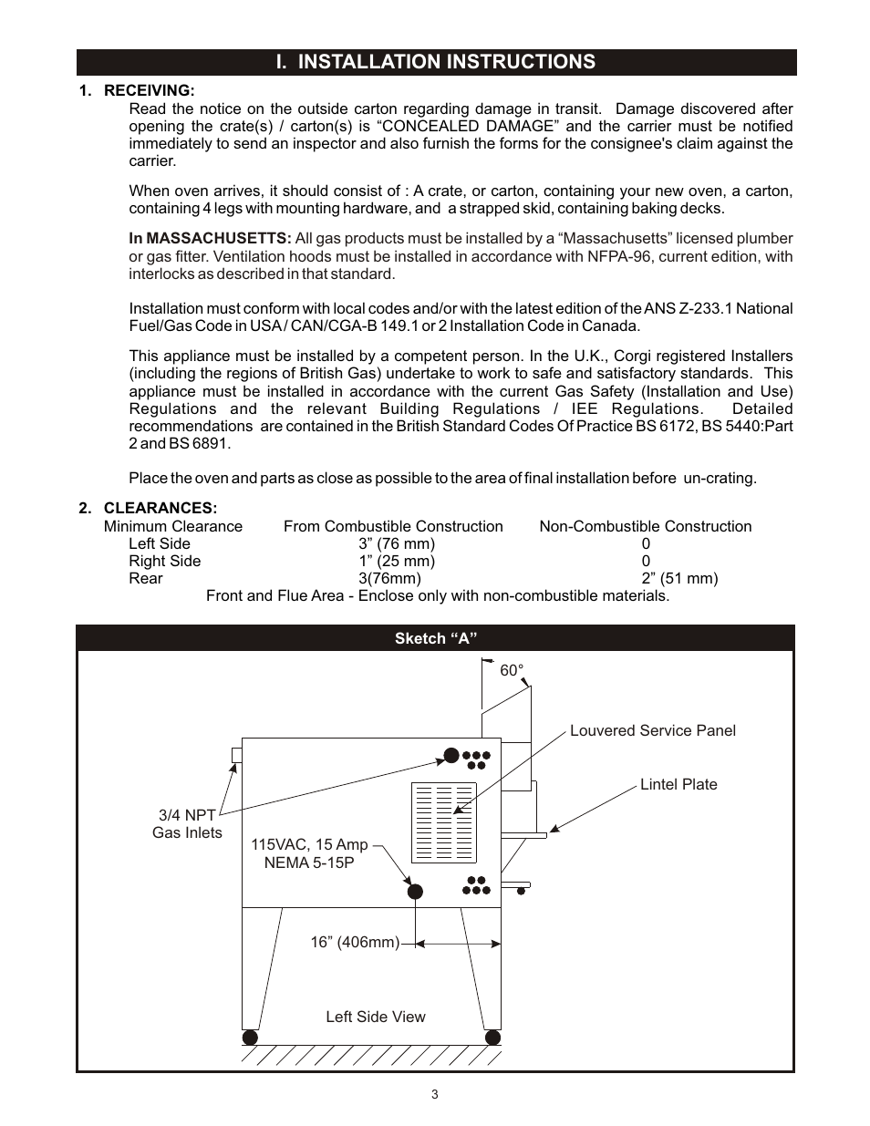 I. installation instructions | Bakers Pride FC-616 User Manual | Page 3 / 16