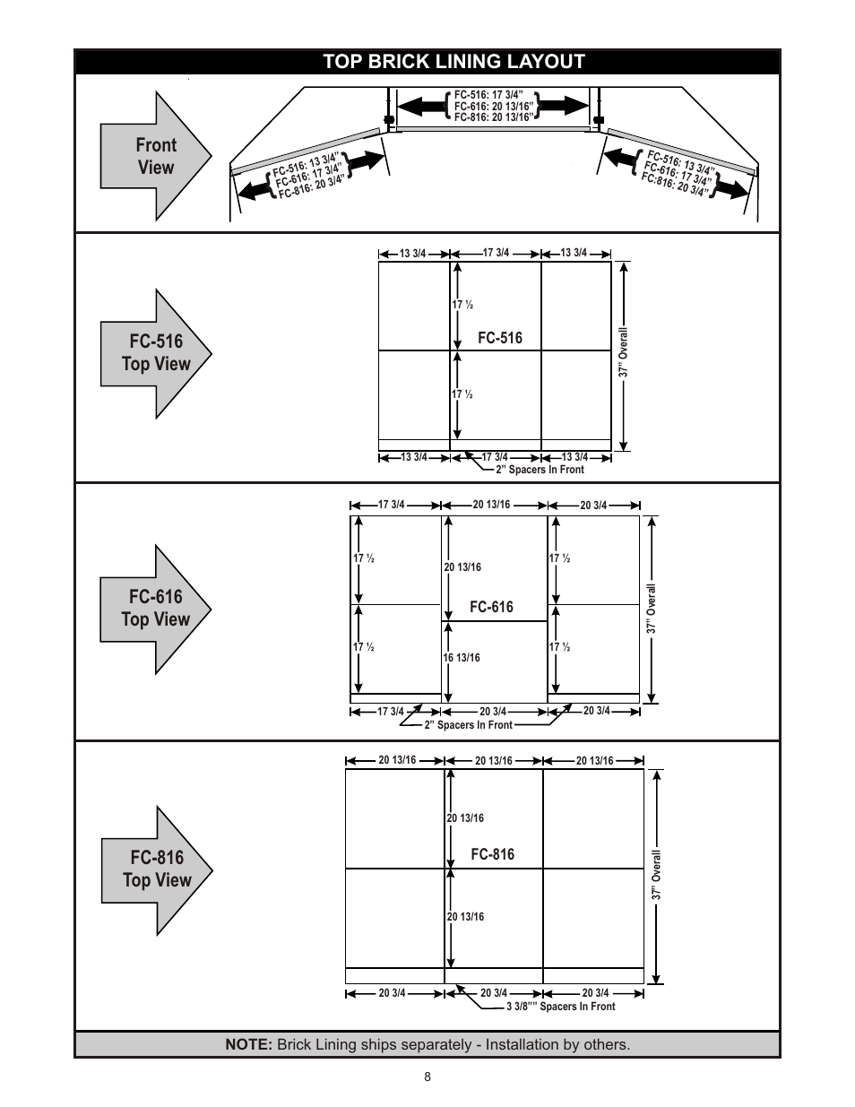 Top brick lining layout, Fc-516 | Bakers Pride FC-616 User Manual | Page 8 / 16