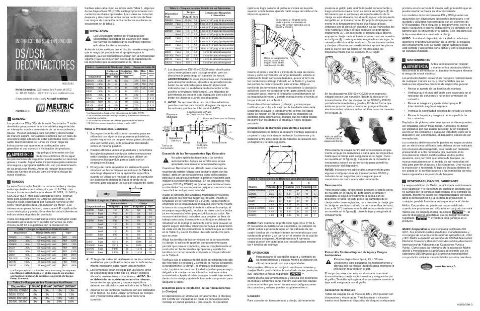 Ds/dsn decontactores, Instrucciones de operación, Advertencia | Meltric DS Decontactors User Manual | Page 2 / 2