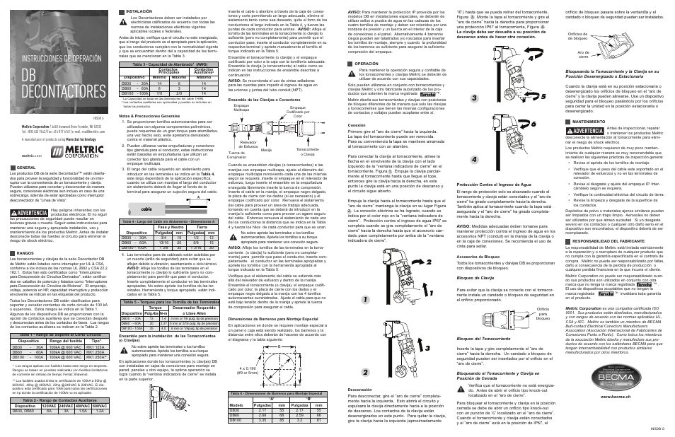 Db decontactores, Instrucciones de operación, Advertencia | Meltric DB Decontactors User Manual | Page 2 / 2