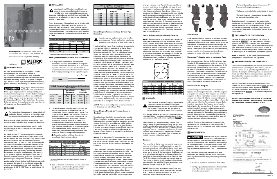 Warning danger caution notice, Instrucciones de operación, Danger caution aviso | Advertencia | Meltric DX Series User Manual | Page 2 / 2