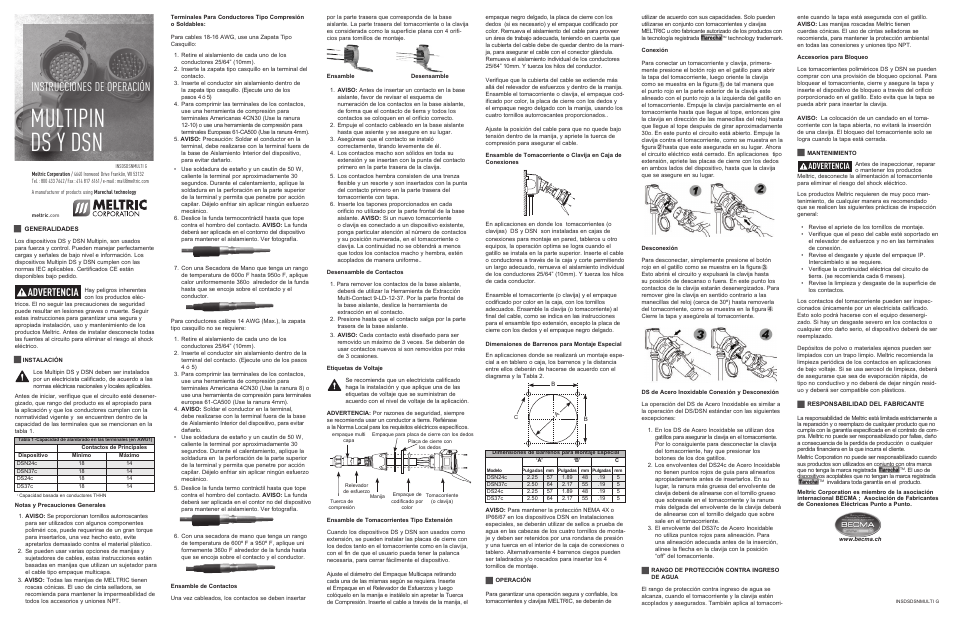 Multipin ds y dsn, Warning danger caution notice, Danger caution aviso | Instrucciones de operación, Advertencia | Meltric DS37c User Manual | Page 2 / 2