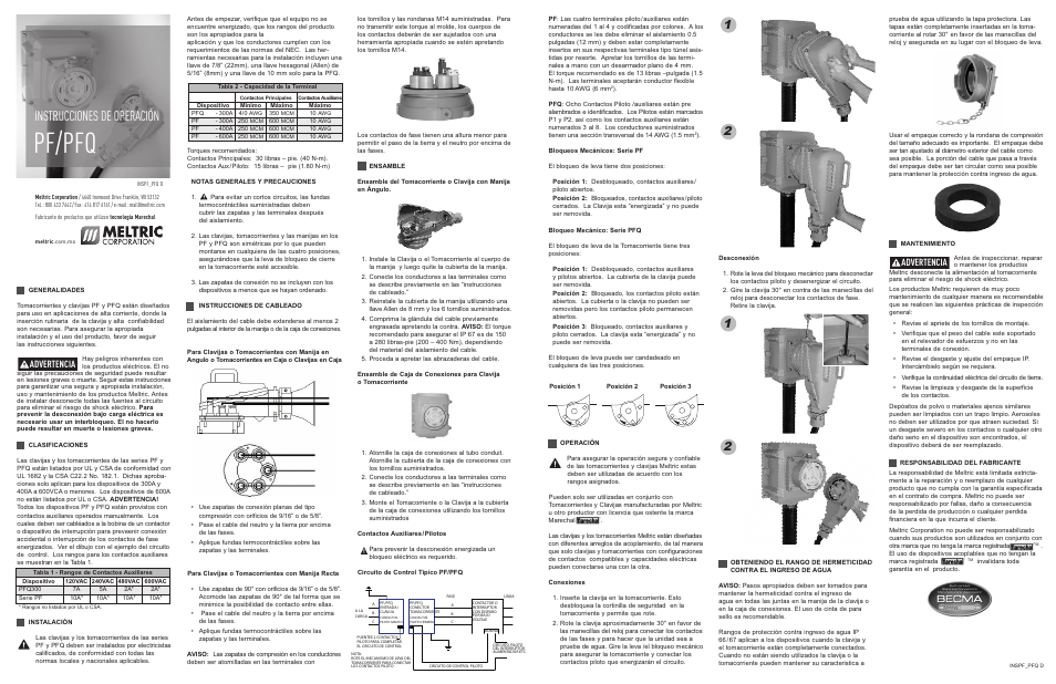 Pf/pfq, Instrucciones de operación, Advertencia | Meltric PFQ User Manual | Page 2 / 2