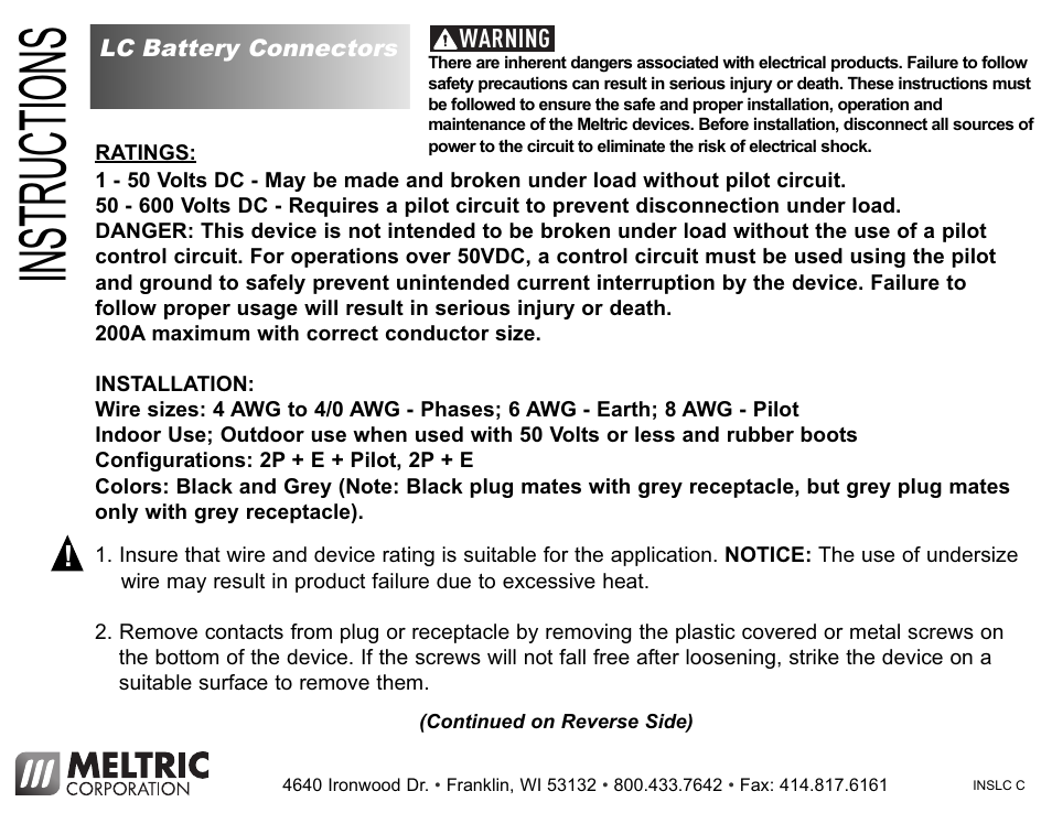 Meltric LC Batteries User Manual | 2 pages