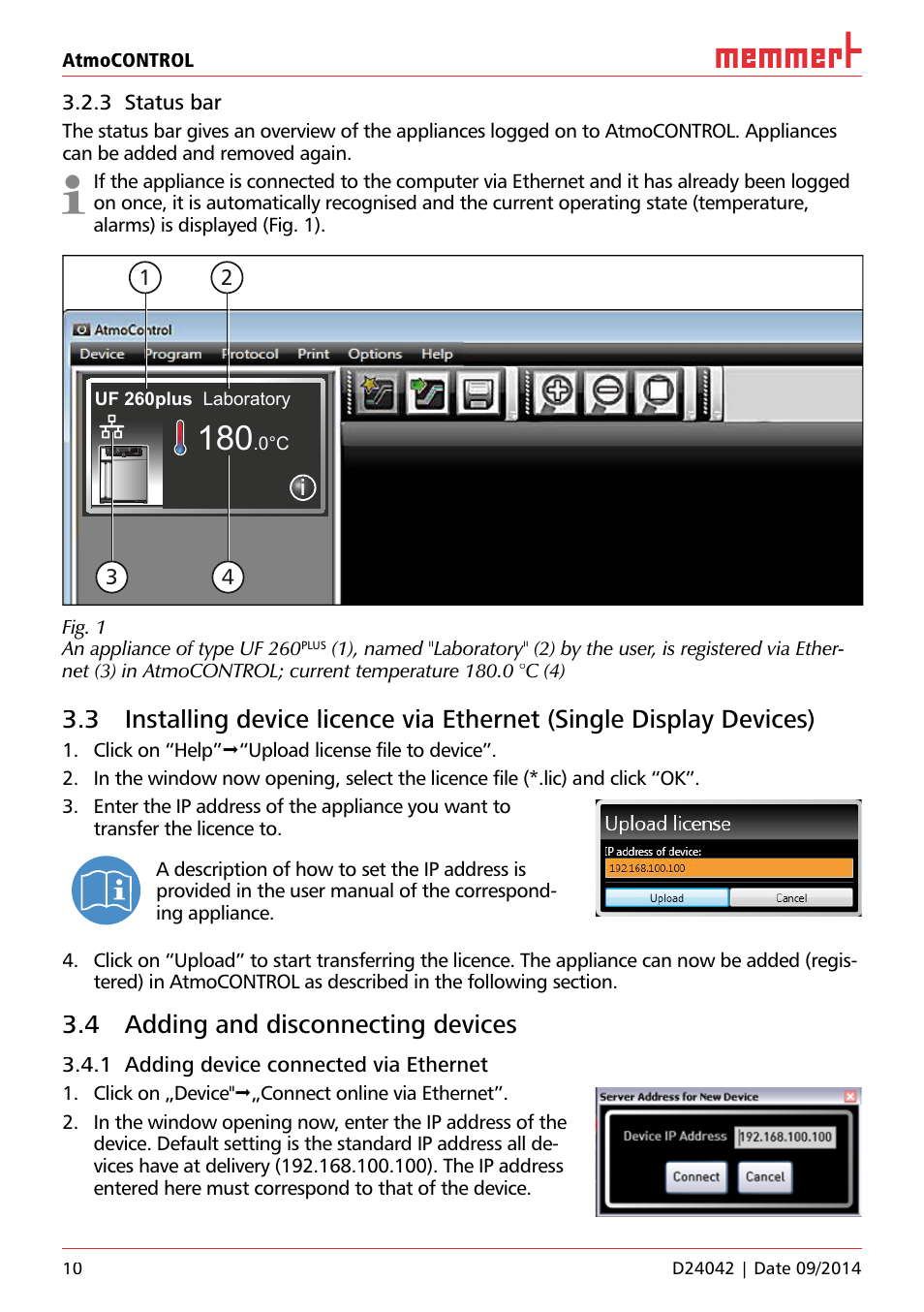 3 status bar, 4 adding and disconnecting devices, 1 adding device connected via ethernet | Memmert AtmoCONTROL User Manual | Page 10 / 36