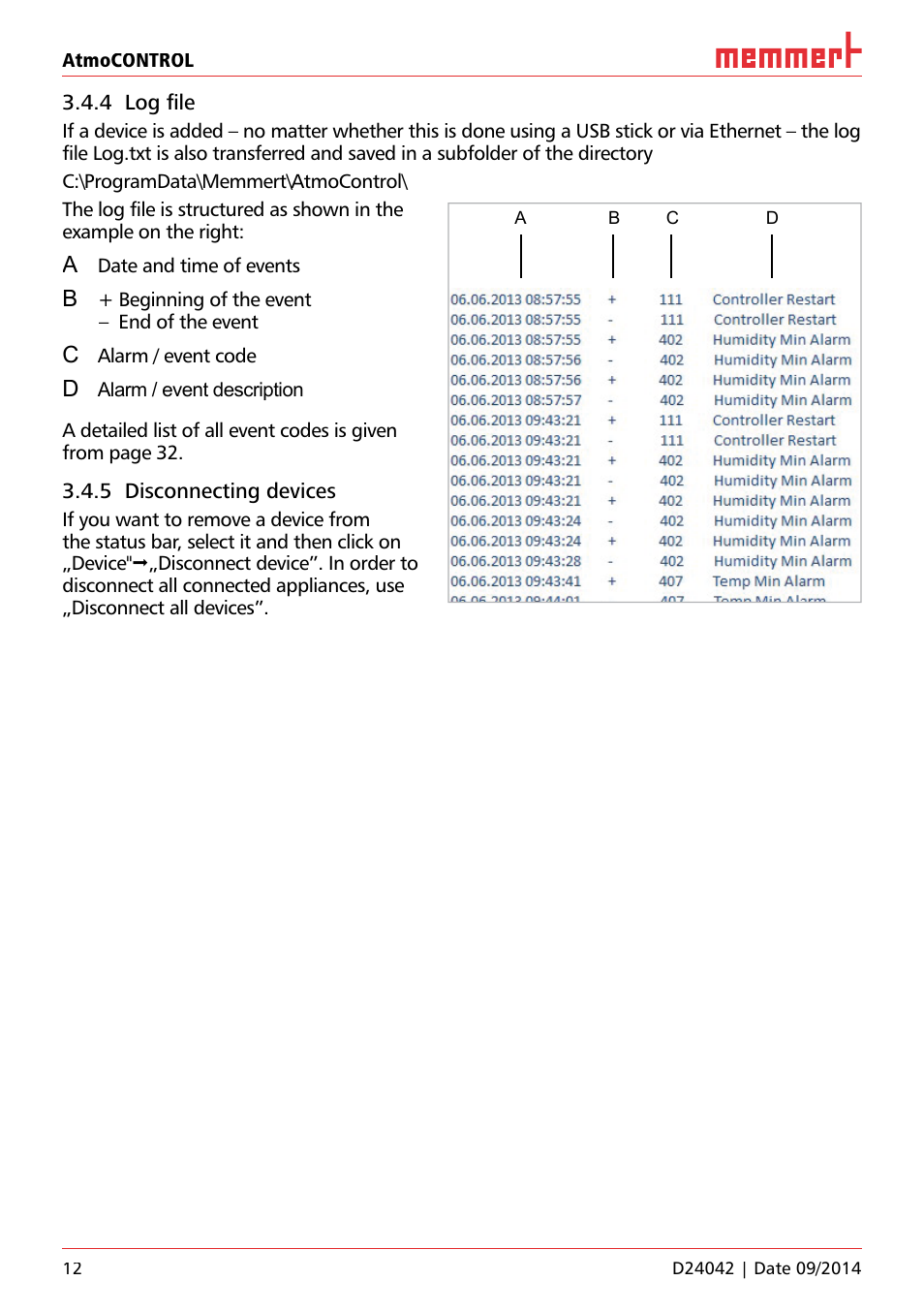 4 log file, 5 disconnecting devices | Memmert AtmoCONTROL User Manual | Page 12 / 36